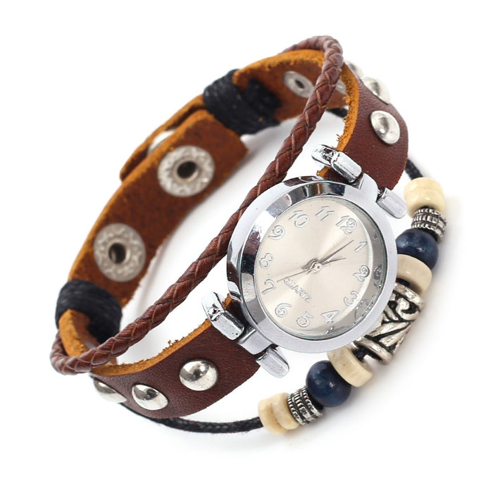 Men's Vintage Handmade Cowhide Leather Bracelet Watch, Punk Quartz Wristwatch With Wide Buckle Strap