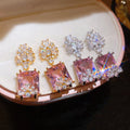 Copper Square Waterdrop Zircon Stud Earrings French Palace Style Light Luxury Geometric Jewelry view 1