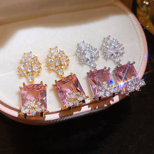 Copper Square Waterdrop Zircon Stud Earrings French Palace Style Light Luxury Geometric Jewelry