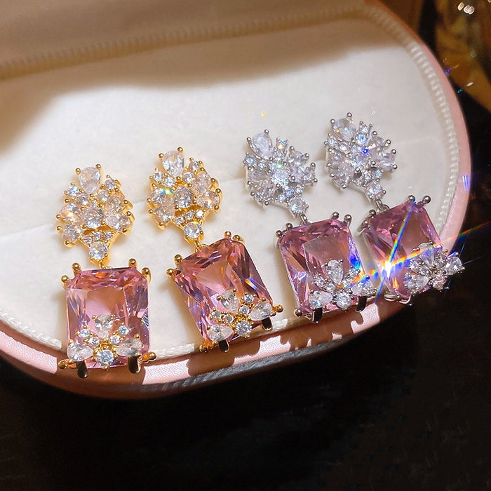 Copper Square Waterdrop Zircon Stud Earrings French Palace Style Light Luxury Geometric Jewelry