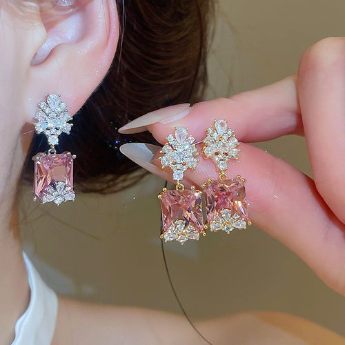 Copper Square Waterdrop Zircon Stud Earrings French Palace Style Light Luxury Geometric Jewelry