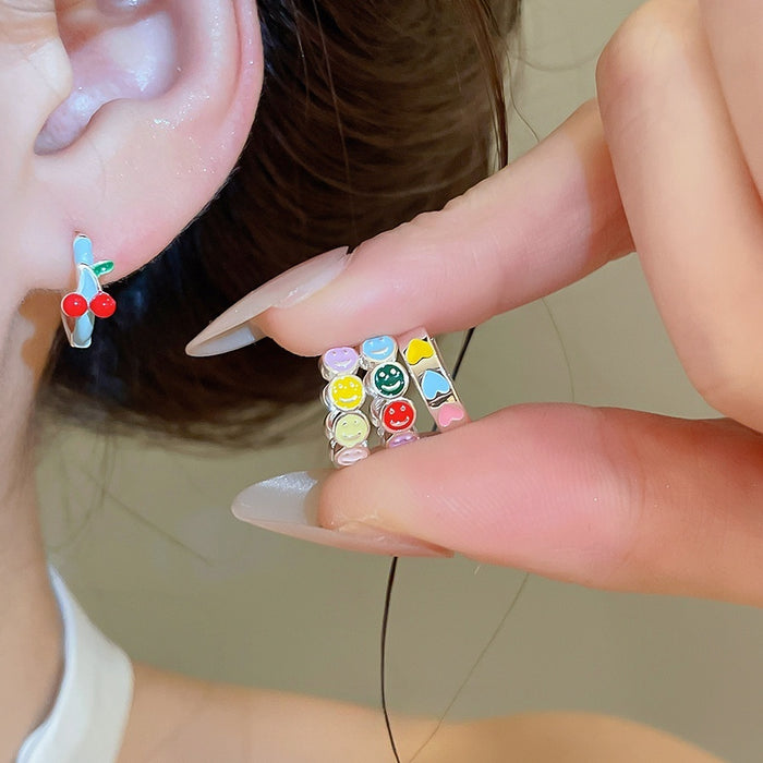 Copper Enamel Round Smiley Heart Earrings, Minimalist Fashion OL Geometric Ear Cuffs For Women