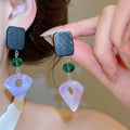 Vintage Ethnic Geometric Resin Crystal Wood Square Pendant Drop Earrings With Silver Needle view 1