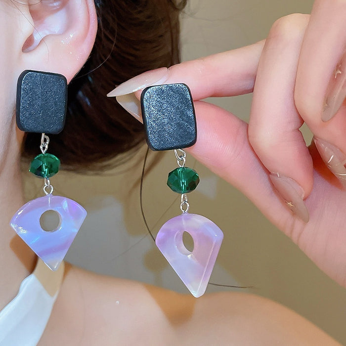 Vintage Ethnic Geometric Resin Crystal Wood Square Pendant Drop Earrings With Silver Needle