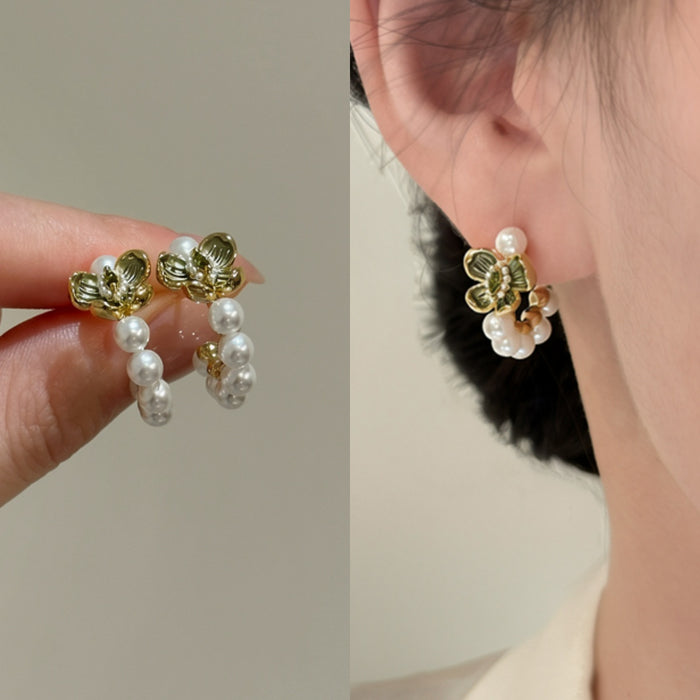 18K Gold Plated Silver Needle Zircon Flower Faux Pearl Stud Earrings For Elegant Women
