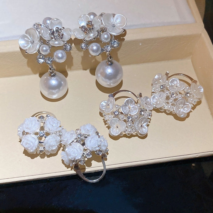 Light Luxury Faux Pearl Rhinestone Flower Basket Drop Earrings For Women