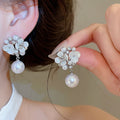 Light Luxury Faux Pearl Rhinestone Flower Basket Drop Earrings For Women view 4