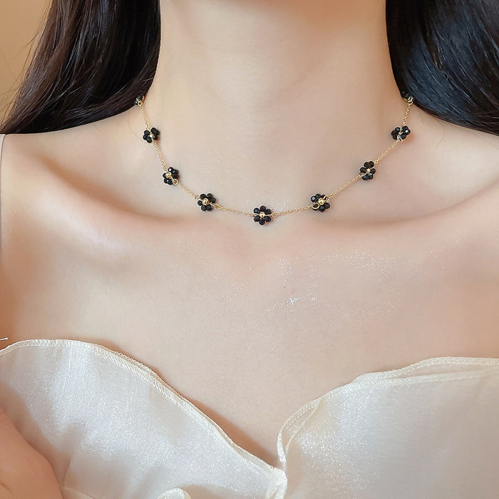 Old Money Style Faux Pearl Crystal Beaded Flower Adjustable Collarbone Necklace For Women
