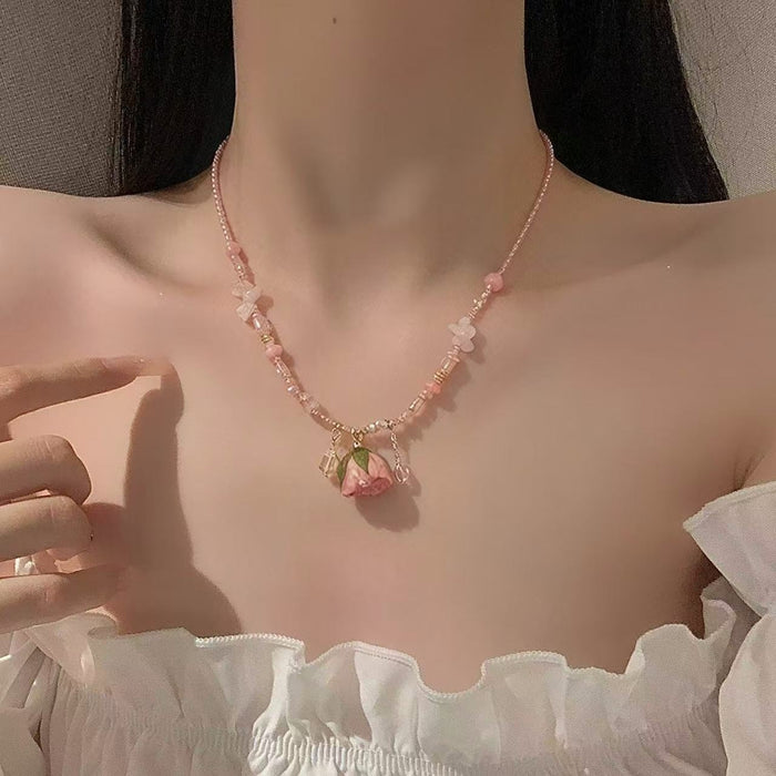 Light Luxury Glass Rose Flower Beaded Pendant Necklace For Women, Floral Clavicle Chain