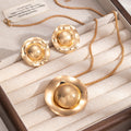Vintage Hammered Round Gear Edge Gold Alloy Stud Necklace Jewelry Set Elegant Statement Earrings view 3