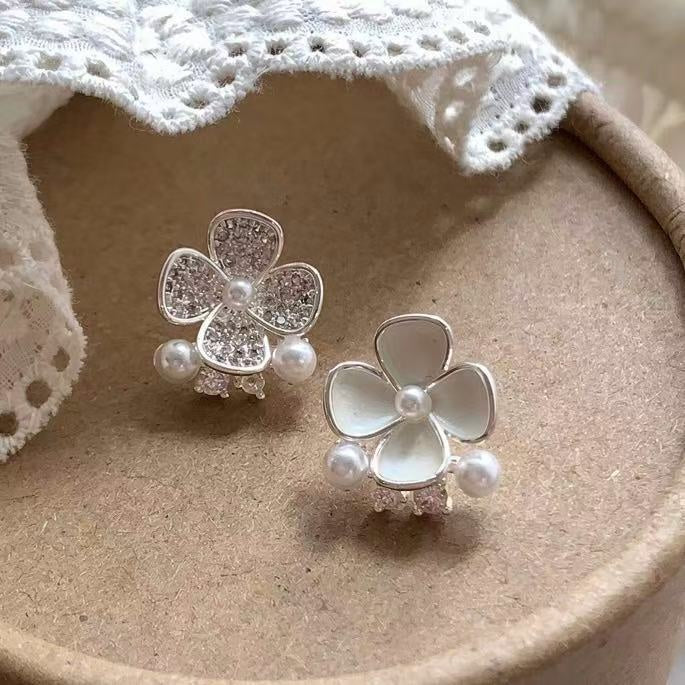 Light Luxury Asymmetric Flower Rhinestone Stud Earrings With Silver Pin And Enamel Detail