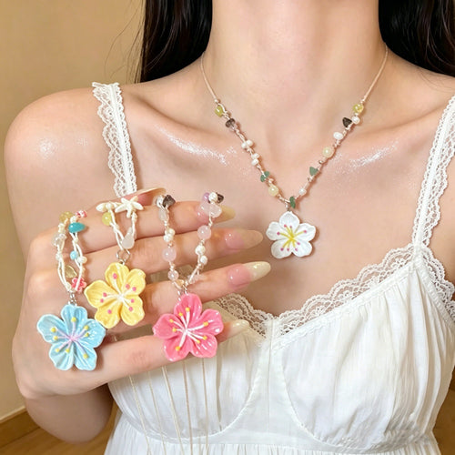 Summer Dopamine Artificial Crystal Beaded Flower Necklace Fresh Sweet Vacation Cottagecore Choker