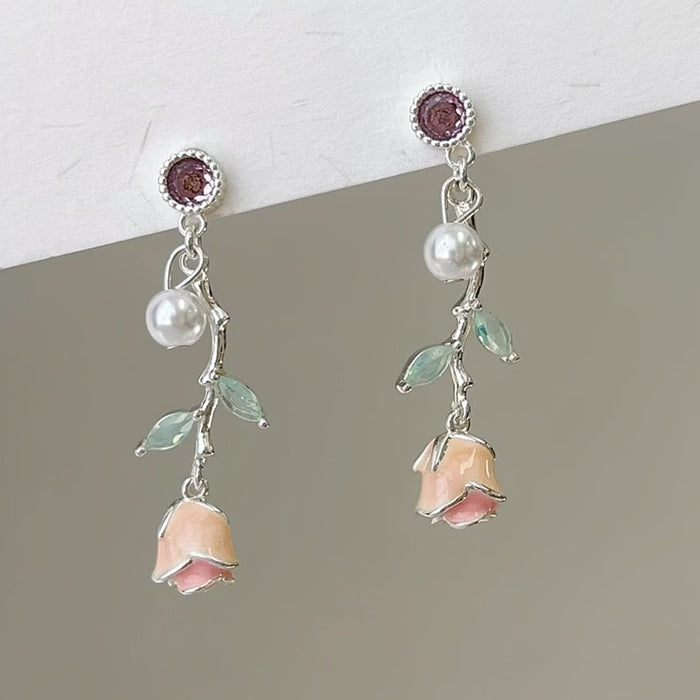 Silver Needle Zircon Enamel Flower Drop Earrings For Women Light Luxury Versatile Style