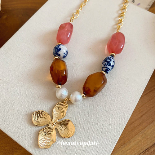 Ethnic Vintage Faux Pearl Ceramic Acrylic Beaded Floral Geometric Choker Necklace for Women