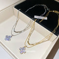 14K Gold Plated Copper Cubic Zirconia Flower Double Layer Collarbone Necklace Light Luxury Geometric Style view 2