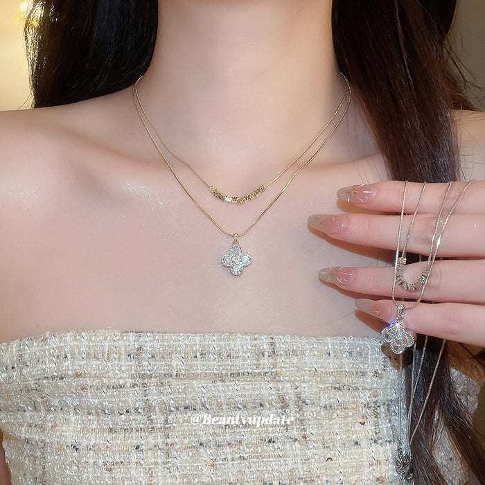 14K Gold Plated Copper Cubic Zirconia Flower Double Layer Collarbone Necklace Light Luxury Geometric Style
