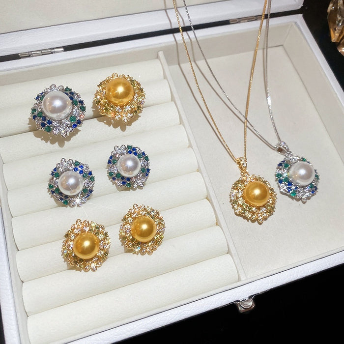 18K Gold Plated Zircon Faux Pearl Circle Jewelry Set For Women Luxury Evening Necklace Earrings Ring