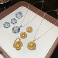 18K Gold Plated Zircon Faux Pearl Circle Jewelry Set For Women Luxury Evening Necklace Earrings Ring view 3