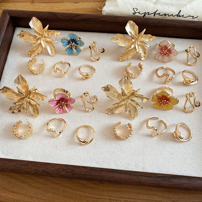 Enamel Flower Irregular Open Ring For Women