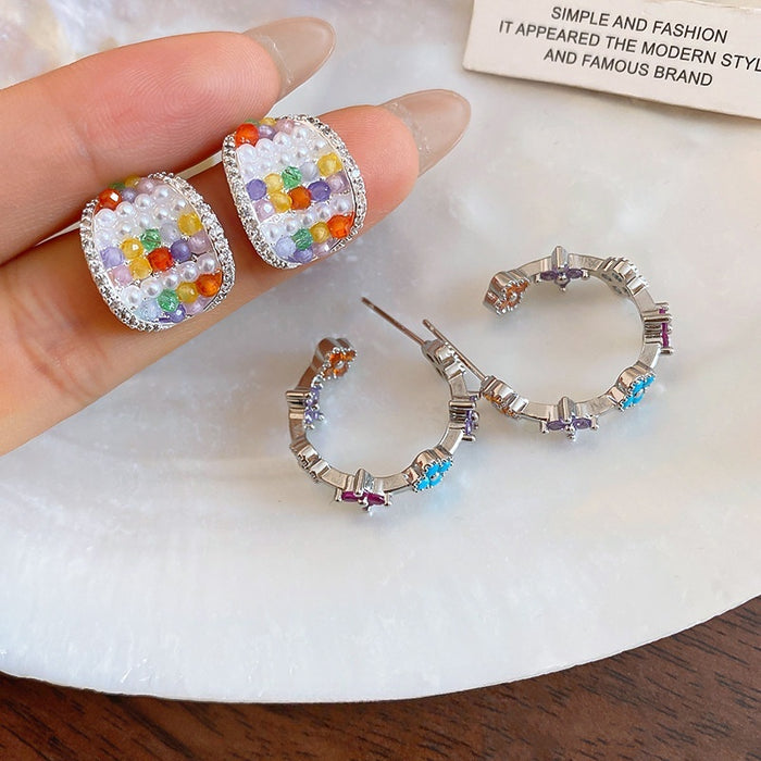 Glass Pearl Zircon Wide C Shape Stud Earrings Oval Geometric Light Luxury Elegant Jewelry