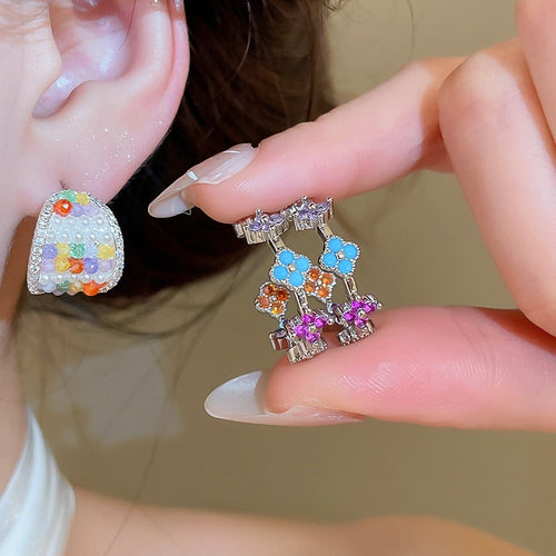 Glass Pearl Zircon Wide C Shape Stud Earrings Oval Geometric Light Luxury Elegant Jewelry
