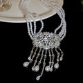 Palace Style Faux Pearl Beaded Rhinestone Geometric Teardrop Tassel Choker Necklace view 2