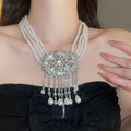Palace Style Faux Pearl Beaded Rhinestone Geometric Teardrop Tassel Choker Necklace view 1
