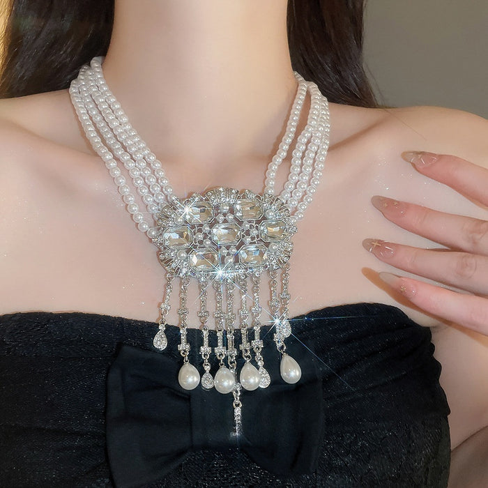 Palace Style Faux Pearl Beaded Rhinestone Geometric Teardrop Tassel Choker Necklace