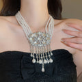 Palace Style Faux Pearl Beaded Rhinestone Geometric Teardrop Tassel Choker Necklace view 3