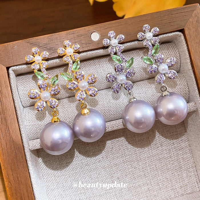 Light Luxury Floral Zircon Faux Pearl Pendant Drop Earrings For Women