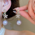 Light Luxury Floral Zircon Faux Pearl Pendant Drop Earrings For Women view 4