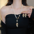 Vintage Copper Pearl Rhinestone Fishtail Pendant Drop Earrings And Necklace Jewelry Set view 1