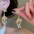 Vintage Copper Pearl Rhinestone Fishtail Pendant Drop Earrings And Necklace Jewelry Set view 3