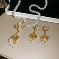 Vintage Copper Pearl Rhinestone Fishtail Pendant Drop Earrings And Necklace Jewelry Set view 2