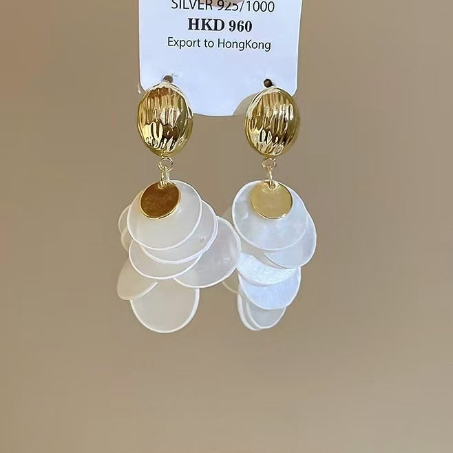 14K Gold Plated Shell Round Tassel Drop Earrings Minimalist Light Luxury Geometric Stud Style