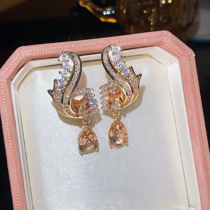 Vintage Copper Zircon Square Waterdrop Pendant Drop Earrings For Women Light Luxury Jewelry