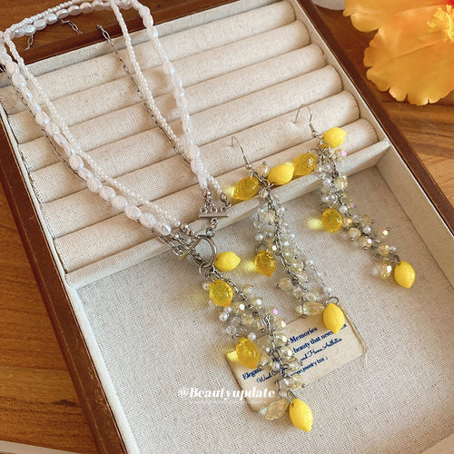 European Style Pearl Crystal Resin Lemon Tassel Earrings Necklace Jewelry Set For Beach Vacation