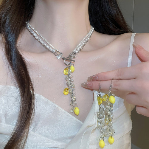 European Style Pearl Crystal Resin Lemon Tassel Earrings Necklace Jewelry Set For Beach Vacation