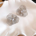 Statement Metal Hollow Flower Faux Pearl Clip-on Earrings, Light Luxury Dangle Jewelry view 2