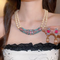 Vintage Court Style Rhinestone Flower Faux Pearl Double Layer Necklace And Stud Earrings Jewelry Set view 2