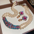 Vintage Court Style Rhinestone Flower Faux Pearl Double Layer Necklace And Stud Earrings Jewelry Set view 1
