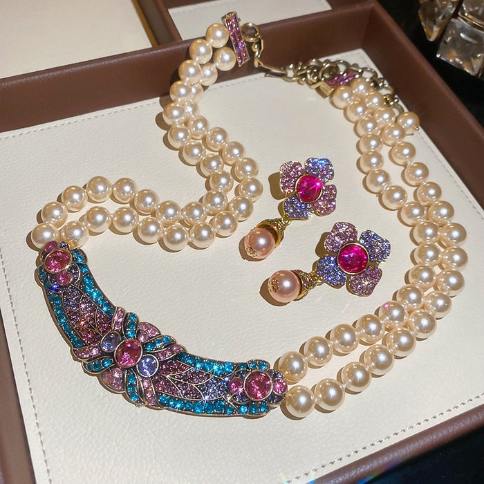 Vintage Court Style Rhinestone Flower Faux Pearl Double Layer Necklace And Stud Earrings Jewelry Set