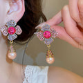Vintage Court Style Rhinestone Flower Faux Pearl Double Layer Necklace And Stud Earrings Jewelry Set view 4