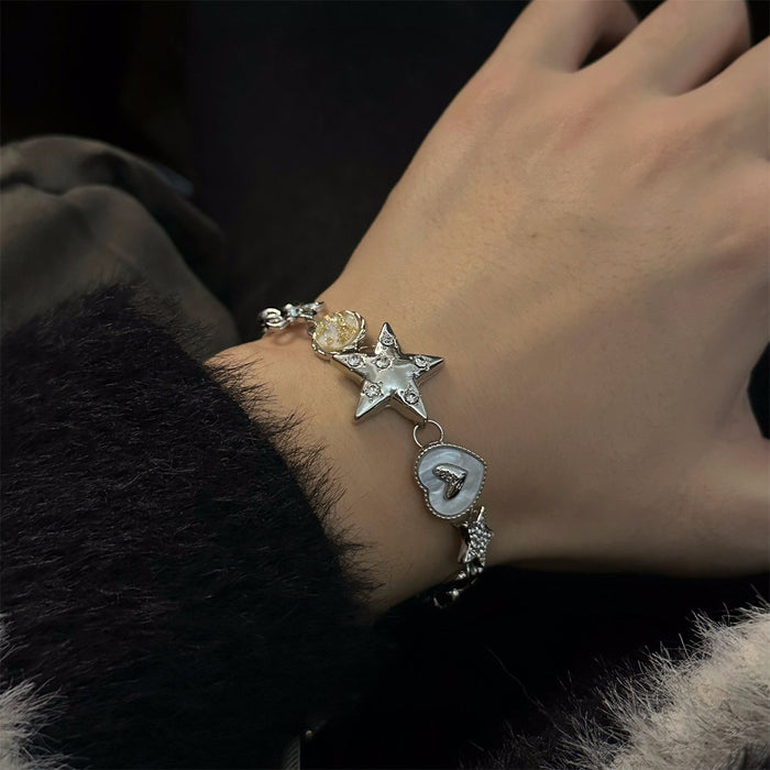 Y2K Alloy Rhinestone Flower Star Heart Pendant Bangle Light Luxury Minimalist Bracelet