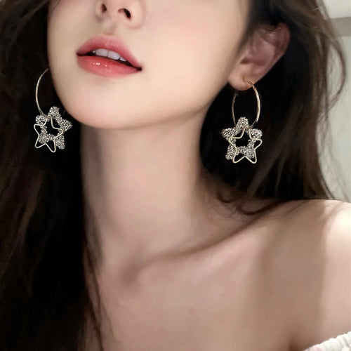 Sparkling Zircon Double Five Point Star Resin Hoop Earrings Sweet Cool Statement Jewelry