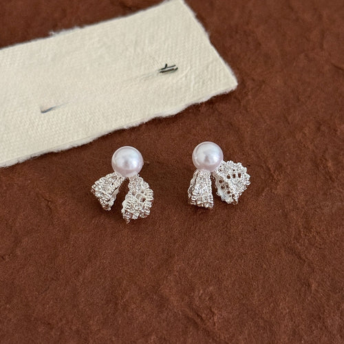 Elegant Pearl Bow Lace Ribbon Rhinestone Stud Earrings For Women Luxury Fashion Silver Needle Earrings