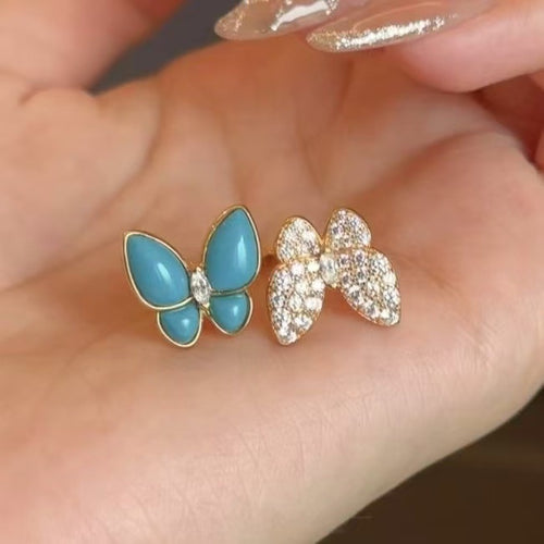 Blue Twin Butterfly Turquoise Resin Stud Earrings For Women Elegant Sparkling Zircon Office Style