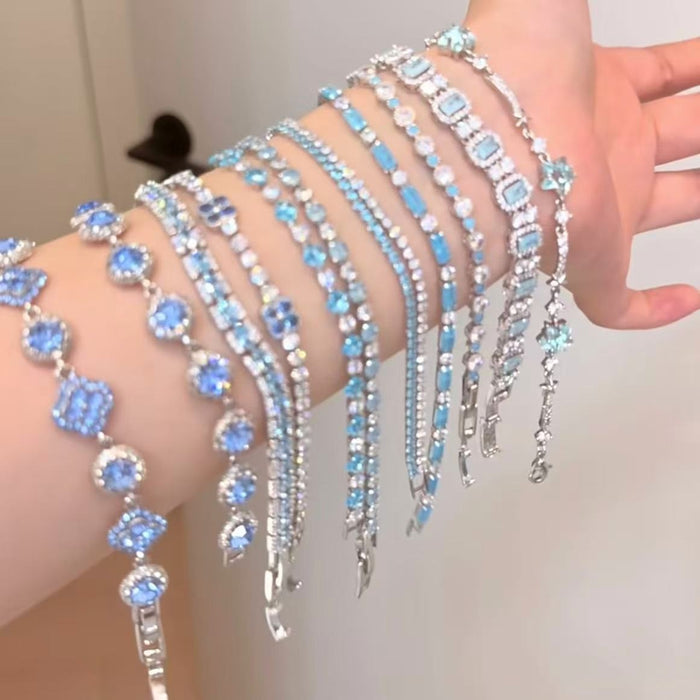 Korean Style Sparkling Zircon Flower Copper Beaded Bracelet With Geometric Ring Charm