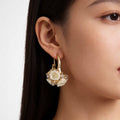 Elegant Luxury Gold Alloy Hoops With Ivory Rose Flower Charms And Rhinestone Petal Drop Earrings view 1