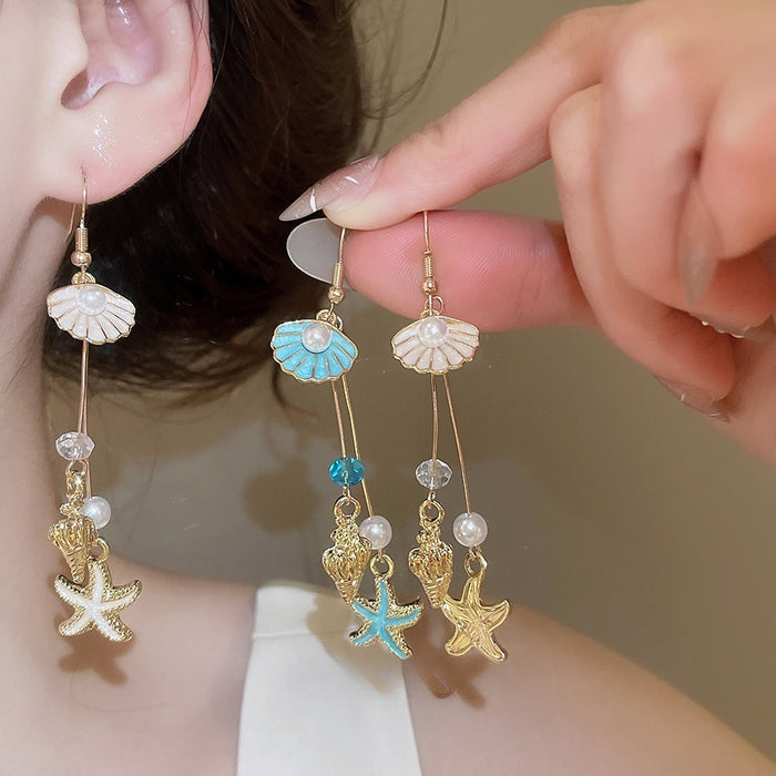 Bohemian Vacation Style Starfish Conch Pearl Crystal Enamel Pendant Drop Earrings